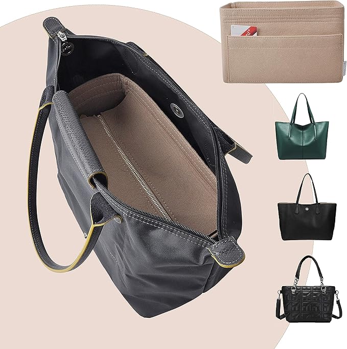 Vercord Felt Zipper Handbag Tote Purse Duffel Backpack Organizer Insert Beige Small