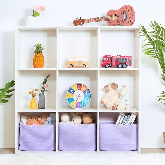 MINTWOOD Design 3-Pack Storage Baskets and Cube Bins for Shelves, Playroom and Classroom, Decorative Woven Closet Organizers for Books, Shoes, and Pantry Items, Lavender Purple