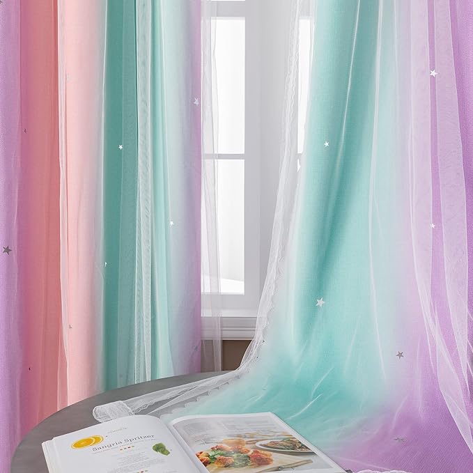 XiDi Curtains for Bedroom Decor, Rainbow PinkPuGreen-52-90