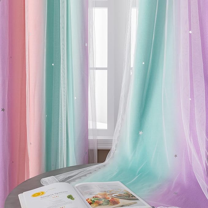 XiDi Curtains for Bedroom Decor, Kids Room Curtains for Girls Rainbow Colour, Pink Purple Green 34/102/1