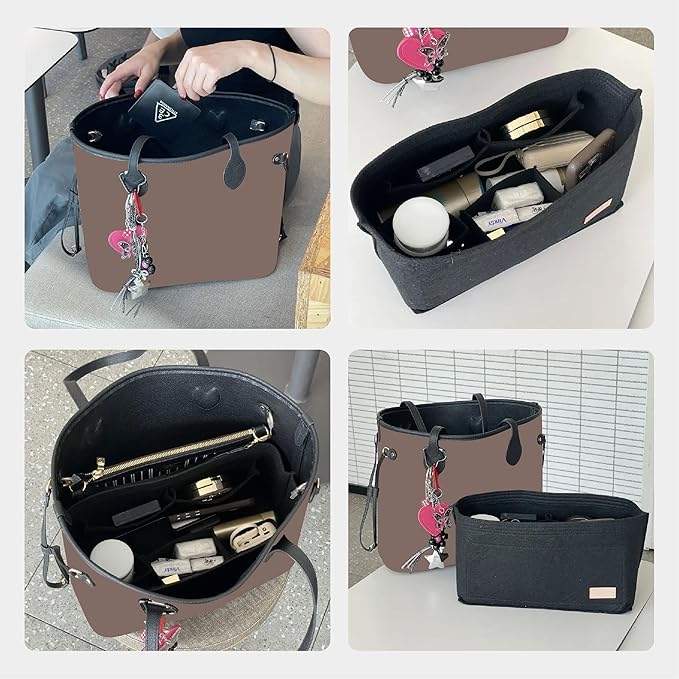 Purse Organizer Insert, Tote Bag Organizer Insert with Base Shaper,Felt Zipper Handbag Inner Dividers Compatible with Neverfull MM Speedy 30, City 33 and More,Black/L