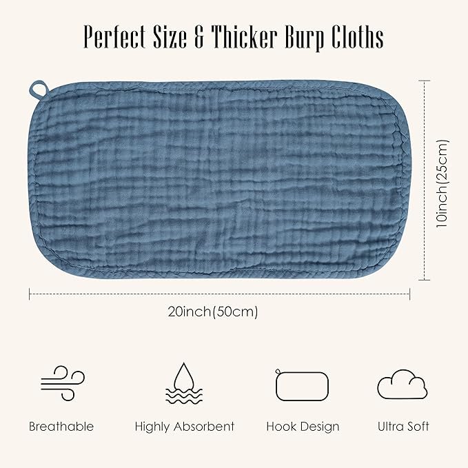 12 Pack Muslin Burp Cloths - Large 20" x 10", Ultra Absorbent 100% Cotton for Baby Drool and Messes - Soft, Gentle Baby Burp Rag for Boys & Girls -Slate, Grey, Navy Series