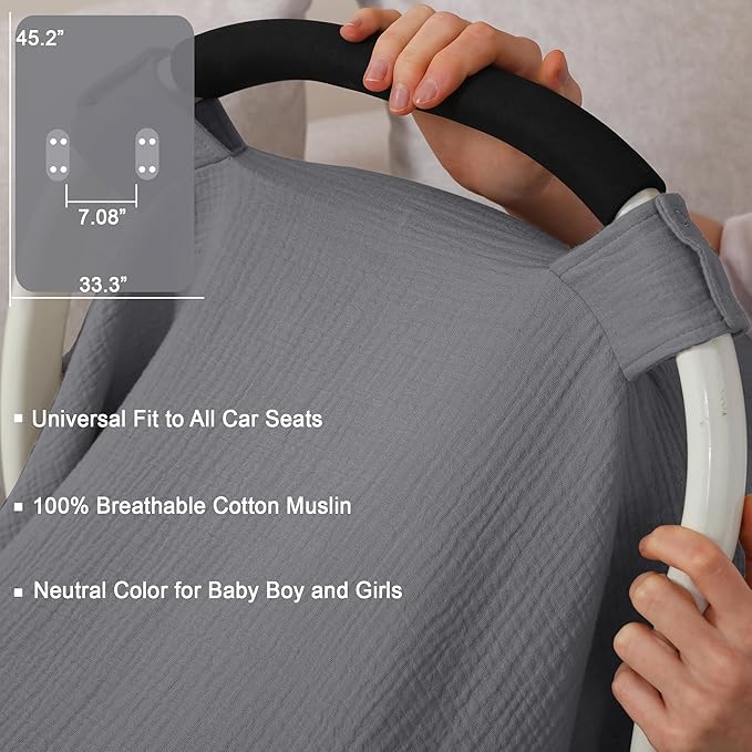 100% Muslin Cotton Car Seat Cover Baby, Carseat Canopy Cover, Universal Fit Stroller Covers for Boys and Girls (Grey)
