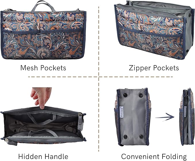 Vercord Purse Organizer Insert for Handbags Bag Organizers Inside Tote Pocketbook Women Nurse Nylon 13 Pockets Splash Wave Large
