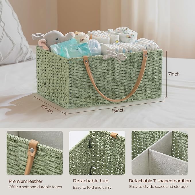 HBlife Large Baby Diaper Caddy Organizer Green, Paper Rope Storage Baskets Nursery Bin with Removable Divider, Portable Car Organizer for Diapers, Baby Shower Gifts, Newborn Essentials Must Haves