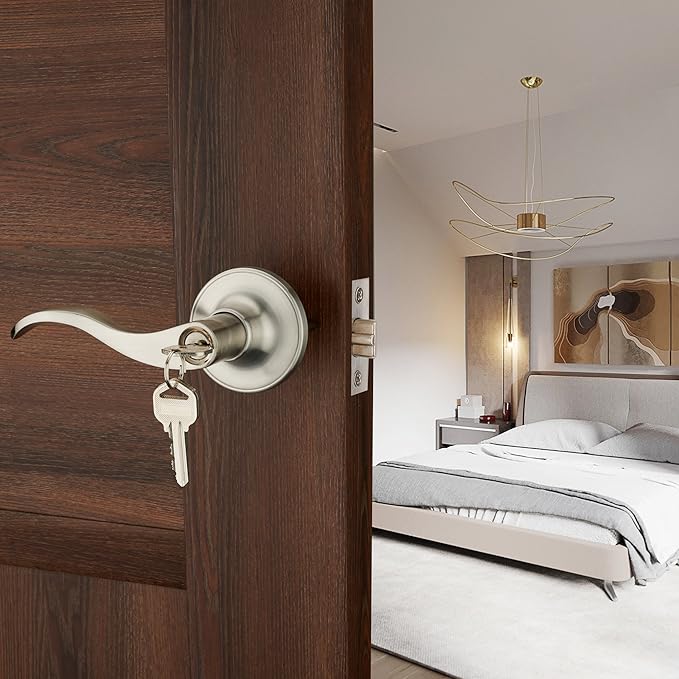 1 Pack of HENYIN Wave Lever Keyed Entry Door Lock/Door Knob Hardware Handle and Closet Lockset, Silver Color, with Key,Left Hand(805SN-L)