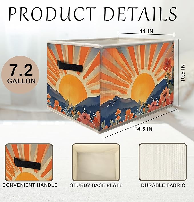FDHSPAAM Boho Wildflower Sunshine Storage Bins Box with Handles, Maximalist Eclectic Sun Sunrise Sunset Collapsible Fabric Storage Basket Box Organizer for Bedroom Bathroom Clothes Toys Books