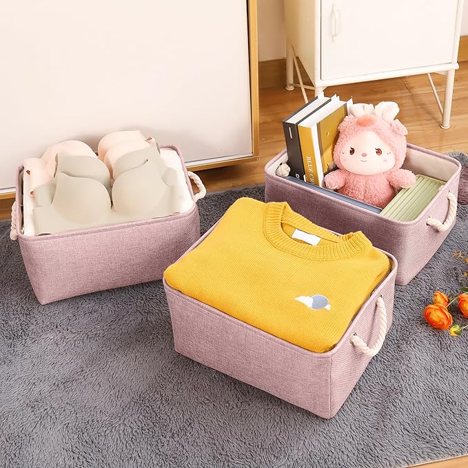 LordCom Storage Bins with Sturdy Cotton Handles(1 Pack), Fabric Storage Baskets for Organizing use for Office & Home, Book, Clothes, Toys, Closet Boxes (Medium, Pink, 14.2x10.2x7.1 inches)