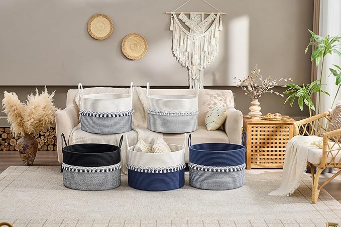 KAKAMAY Cotton Rope Storage Basket (20"x13"),Woven Hamper for Blankets,Toys,Pillows,Clothes,Laundry,Sturdy Handles Decorative Basket for Living Room, Bedroom,Nursery(Blue/Blue Fringe)