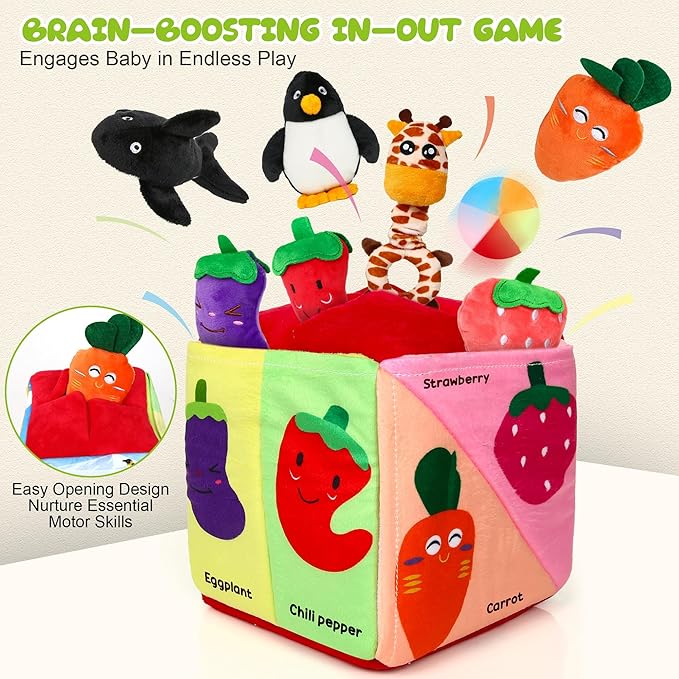Baby Box Toy - Baby Toys 6-12 Months Montessori Toys for 6 Month Old with Animals, Fruits, Balls, Squeaky Sounds, Mirror, Gifts for Babies