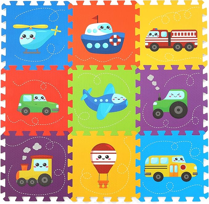 PLAY 10 Baby Play Mat, Foam Playmat for Babies, Kids Play Mat, Foam Floor Tiles 34×34 9 Pieces Vehicle Puzzle Mat