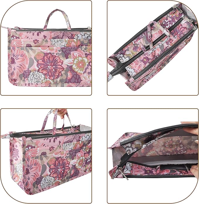 Vercord Patterned Purse Handbag Tote Pocketbook Bag Organizer Insert with Zipper Handle for Women Large Peony