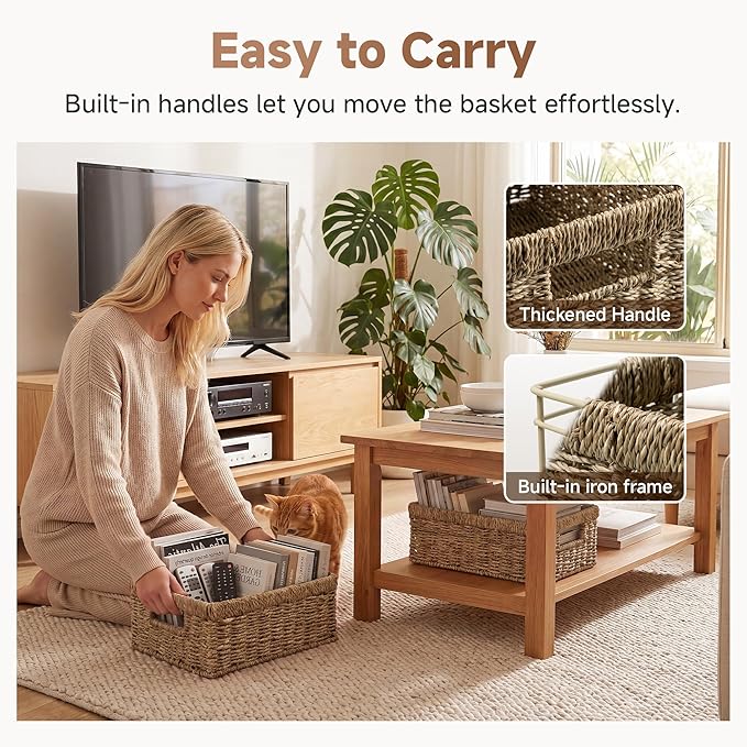 StorageWorks Rectangle Wicker Baskets for Organizing, Wicker Storage Baskets for Shelves, Decorative Basket, Seagrass Baskets with Handles, 2-Pack, 13" L x 8¼"W x 4¾"H