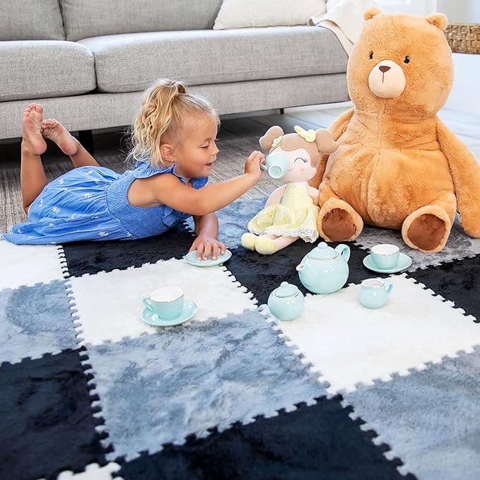 16 Piece Carpet Squares Puzzle Mat 49" x 49" Plush Interlocking Carpet Tiles, Foam Floor Tiles for Baby Play Mat - Kids Soft Play Mats Anti Slip Jigsaw Flooring Playmat Playroom Rug (Black,Gray,White)
