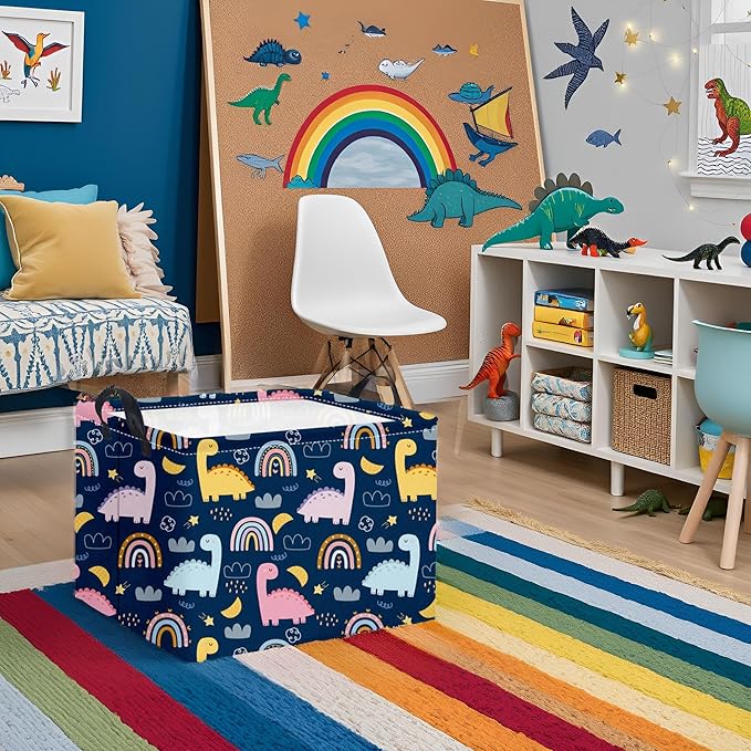 TIBAOLOVER Rectangular Dinosaur Basket Kids Baby Storage Basket Cute Storage Bin Organizer Shelf Book Rainbow Room Decor(Rainbow Dinosaur)