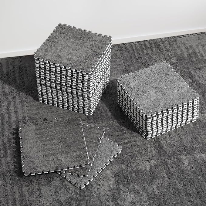 36 Pcs Plush Interlocking Carpet Tiles, Non-Toxic Shaggy Foam Carpet Tiles for Toddler Baby, Anti-Slip, EVA Foam Interlocking Tiles for Floor, Nursery, Playroom, Grey