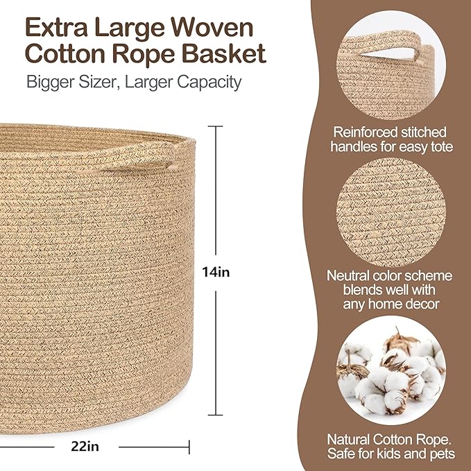 Large Wicker Storage Basket, 22” X 22” X 14” Woven Cotton Rope Basket, Kids Dog Toy Bin Organizer, Blanket Pillow Holder for Living Room, Brown Variegated Wicker Baskets for Organizing