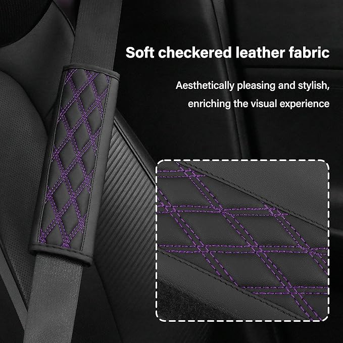 2PCS Car Seat Belt Cover Pads,Leather Seatbelt Covers Protect Shoulder and Neck Car Accessories Interior,Universal Car Seat Strap Pads Car Decorations for Most Cars Trucks (Black/Purple)