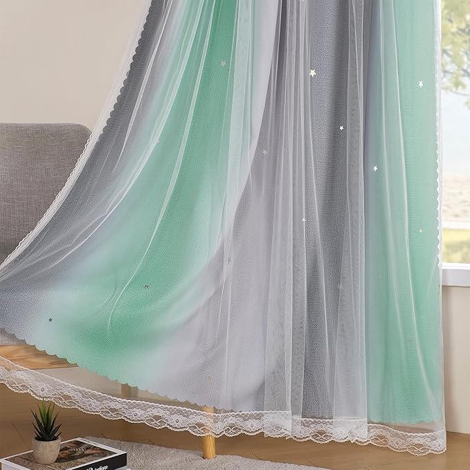 XiDi Bedroom Decor Blackout Curtains for Girl & Kids Room - Rainbow, Unicorn Wall Decals - Green, Light Grey - 52x63 Inch Long, 1 Panel
