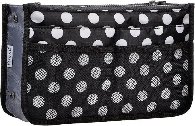 Vercord Purse Organizer Insert for Handbags Bag Organizers Inside Tote Pocketbook Women Nurse Nylon 13 Pockets Black Dot Small