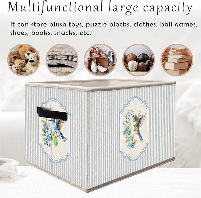 FDHSPAAM Blue Floral Hummingbird Storage Bins Box with Handles, Cottagecore Wildflower Bird Collapsible Fabric Storage Basket Box Organizer for Bedroom Bathroom Clothes Toys Books