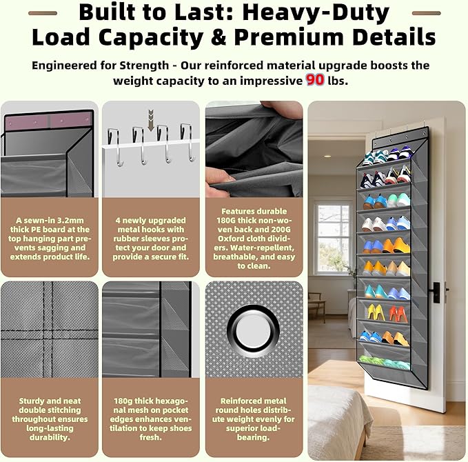 PAULONE 10-Pocket Multi-Use Over The Door Organizer, Heavy Duty 95lbs Capacity with Breathable Mesh, Versatile Hanging Storage for Shoes, Toys, Office Supplies-Slate Grey