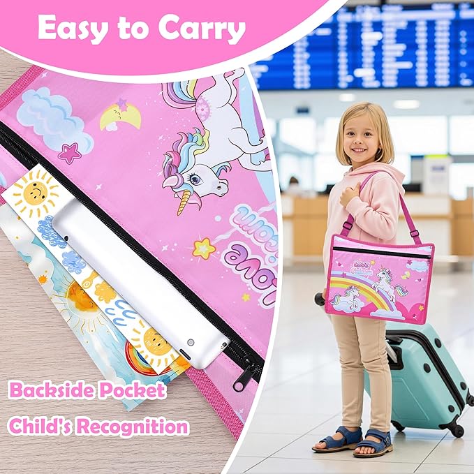 Kids Travel Tray for Toddler Carseat, Road Trip Activities Essentials, Kids Lap Desk Tray with Tablet Holder Stand and Dry Erase Board, Pink Unicorn