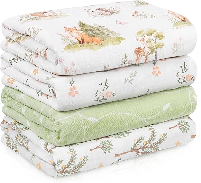 Muslin Swaddle Blankets for Newborn, 4 Pack Cotton Baby Blankets Neutral, Large 31.5 x 43.3 Breathable Soft Receiving Blanket, Essentials Swaddle Wrap Burping Clothes, Green Jungle Animal