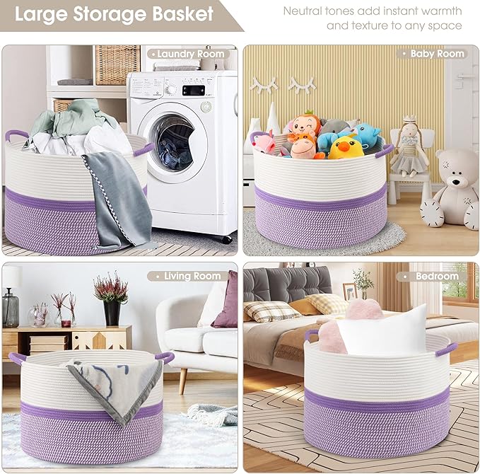 Large Cotton Rope Storage Basket, 20''x13'' Woven Laundry Hamper for Living Room, Nursery, Toys, Blanket Organization with Handles (White and Purple)