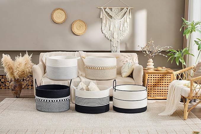 KAKAMAY Cotton Rope Storage Basket (20"x13"),Woven Hamper for Blankets,Toys,Pillows,Clothes,Laundry,Sturdy Handles Decorative Basket for Living Room, Bedroom,Nursery(Black Printing)