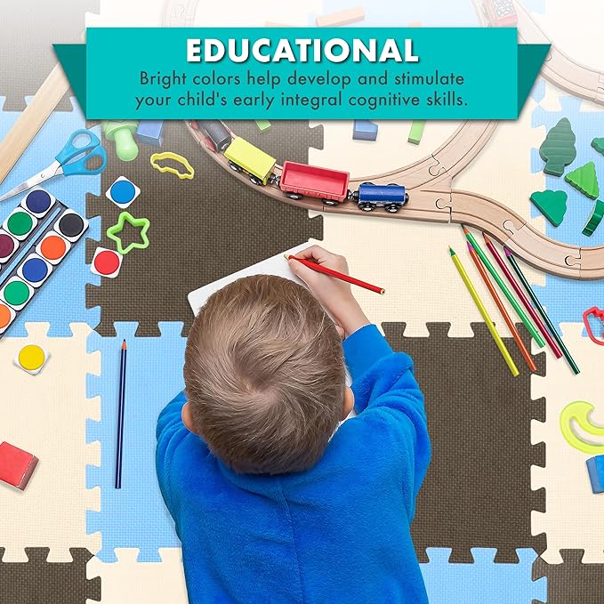 ProSource Foam Puzzle Floor Play Mat for Kids and Babies with Solid Colors, 36 or 16 Interlocking Tiles with Borders, Blue/Brown/Beige
