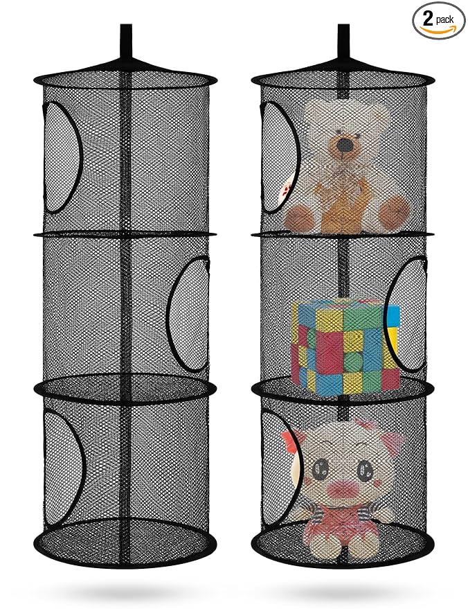 Libeder Mesh Hanging Storage Space Saver Bags Organizer,Foldable Storage Organizer 3 Compartments Toy Storage Basket for Kids Room Bathroom 2 Sets, Black