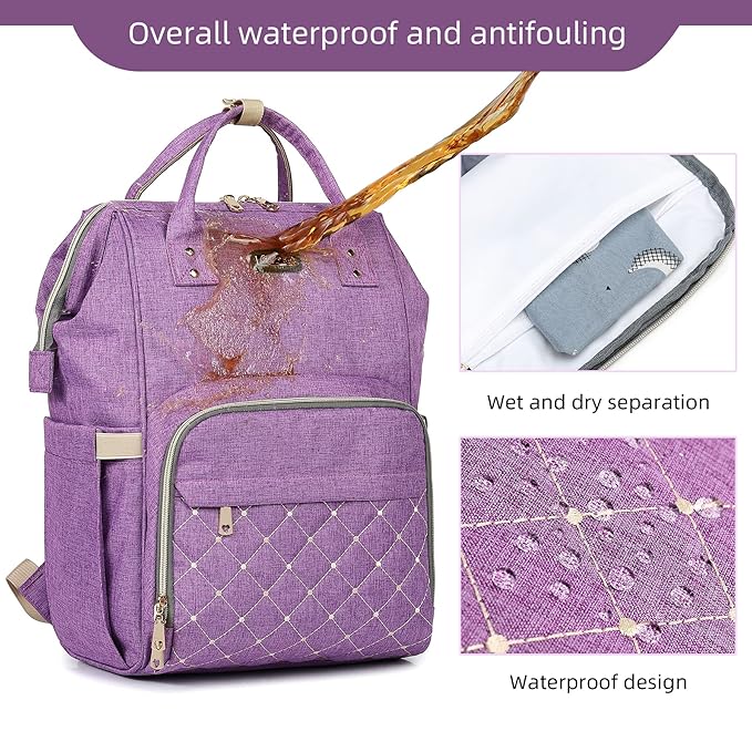 GAIVP Diaper Bag Backpack, Diaper Bags for Baby Girls Boys, Baby Bags for Moms Dads, Nappy Changing Bag with Insulated Pockets,Multi-functional Waterproof Backpack with Stroller straps-Purple