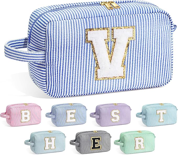 YOOLIFE Initial Makeup Bag for Women - Monogram Cute Makeup Bag Cosmetic Case Toiletry Pouch for Women Her Best Friend Sister Teacher, Personalized Birthday Gifts for Women, Blue V