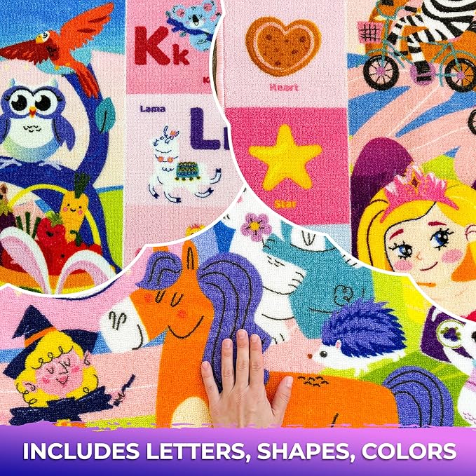QUOKKA Small Classroom Girl Rug for Kids - 60x41 ABC Rugs for Playroom - Bedroom Alphabet Learning Area Rug - Girls Toddler Rugs Boys and Girls - Kids Room Carpet