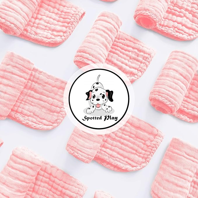 Spotted Play Muslin Burp Cloths 100% Cotton Large 20''x10'' Extra Soft and Absorbent Baby Wash Cloths Spit Up Rags - Baby Burping Cloth for Boys Girls Items(12 Pack Pink)
