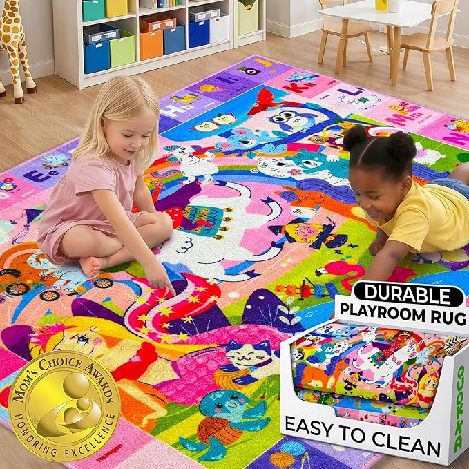 QUOKKA Small Classroom Girl Rug for Kids - 60x41 ABC Rugs for Playroom - Bedroom Alphabet Learning Area Rug - Girls Toddler Rugs Boys and Girls - Kids Room Carpet