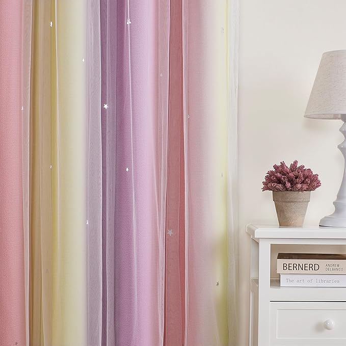 XiDi Curtains for Bedroom Decor, Rainbow Pink PurpleYellow34/54/1