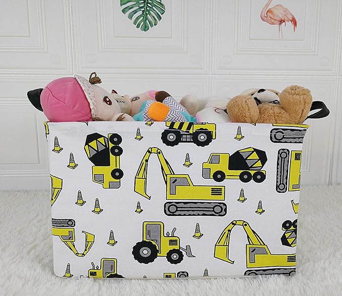 KUNRO Rectangle Yellow Storage Basket Gift Shelf Basket Storage Bin, Nursery Basket Organizer Box for With Handles for Room Deco (Excavator)
