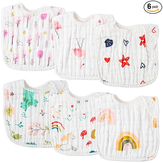 Zainpe 6Pcs Snap Muslin Cotton Bibs for Baby Rainbow Unicorn Flamingo Machine Washable Burp Cloths with 6 Absorbent Soft Layers for Girl&Boy Infant Newborn Toddler Feeding Drooling Teething