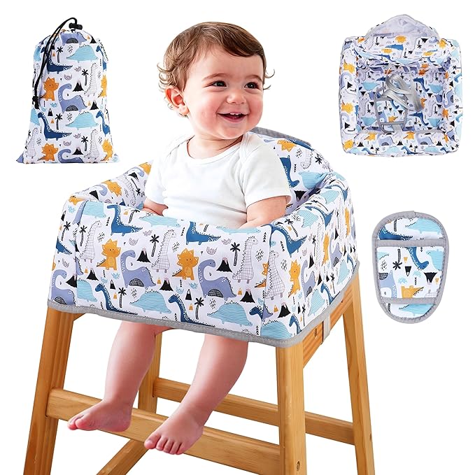 High Chair Cover Portable with 3-Point Harness, Waterproof Baby Seat Cover for Restaurant Travel Home Use, Machine Washable, Fits Wooden Chairs (Colorful Dinosaurs)
