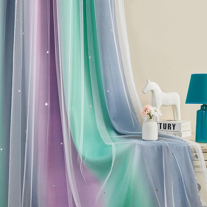XiDi Curtains for Bedroom Decor, Rainbow Purplgreen grey52/96