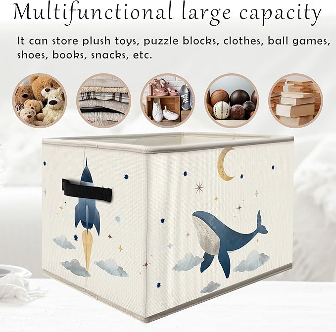 FDHSPAAM Outer Space Rocket Whale Nursery Storage Bins Box with Handles, Cosmic Galaxy Planet Star Moon Collapsible Fabric Storage Basket Box Organizer for Bedroom Bathroom Clothes Toys Books