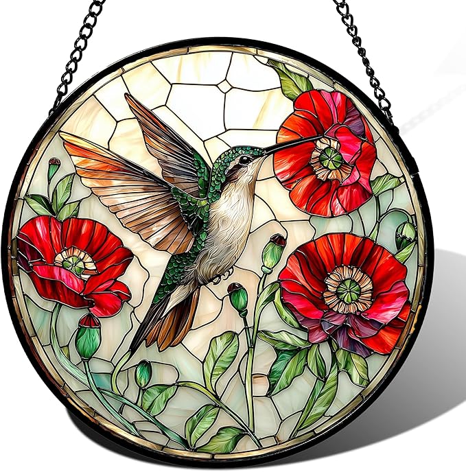 JOSUMALY Stained Glass Window Hanging - Green Hummingbird Red Flower Suncatcher for Door Terrace Garden Home Decor Bird Landscape Sun Catcher Birthday Gifts for Lovers Women Men Dad Mom Nana 15 in