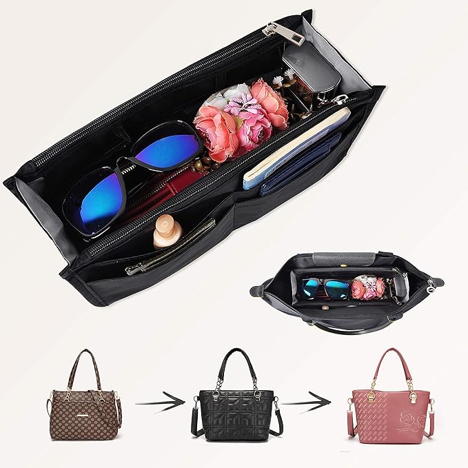 Vercord Patterned Purse Handbag Tote Pocketbook Bag Organizer Insert with Zipper Handle for Women Medium Black