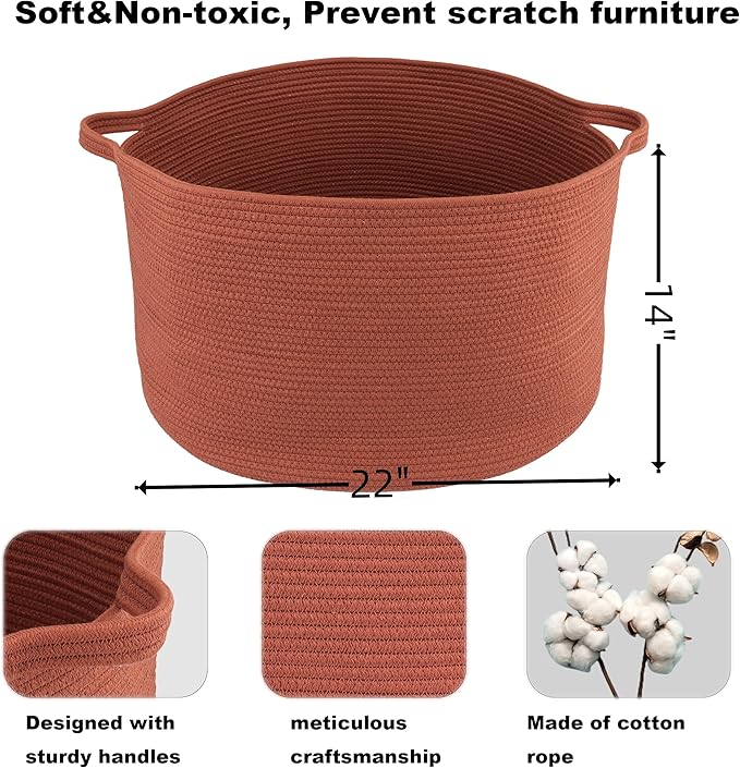 XUANGUO Large Cotton Rope Basket Blankets Basket Living Room 22"x14" Toy Baskets for Kids and Dogs Rope Storage Baskets for Nursery Woven Laundry Baskets for Clothes Towels Baby Toy round rustic