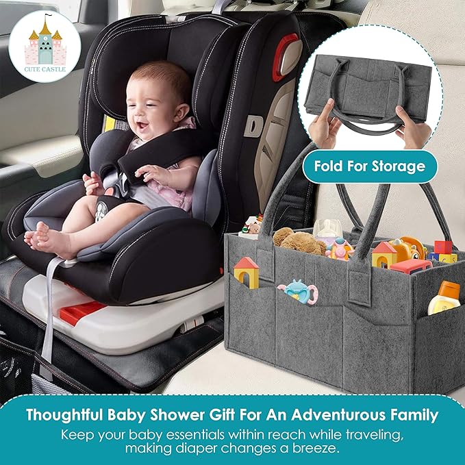 Cute Castle 2 Pack Diaper Caddy Organizer - Portable Baby Caddy Organizer with Handle, Nursery Storage Bin and Car Organizer for Girls, Boys - Baby Gift Basket - Dark Grey