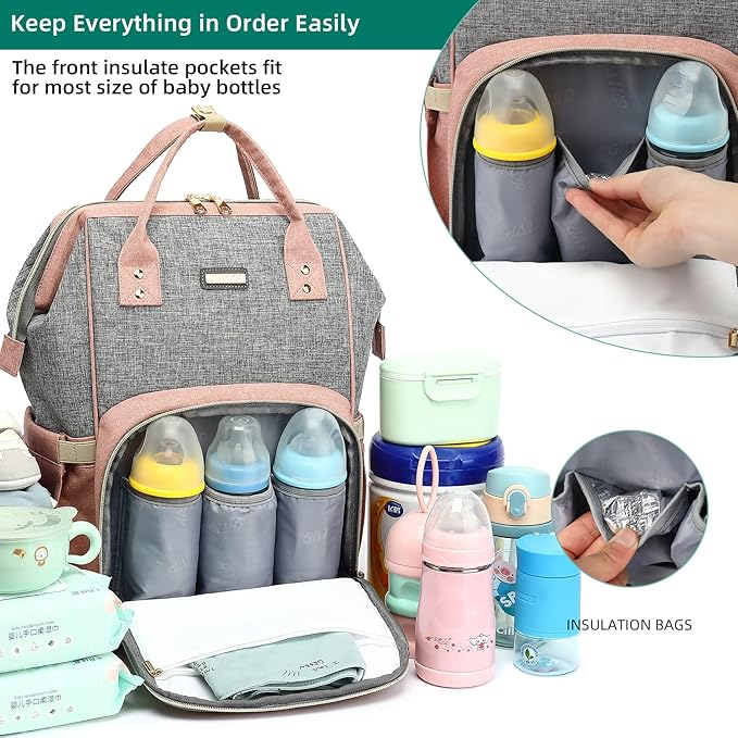 GAIVP Diaper Bag Backpack, Diaper Bags for Baby Girls Boys, Baby Bags for Moms Dads, Nappy Changing Bag with Insulated Pockets,Multi-functional Waterproof Backpack with Stroller straps-Pink