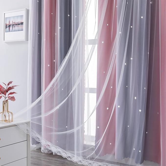 XiDi Curtains for Bedroom Decor, Rainbow Pink-Grey-34-45