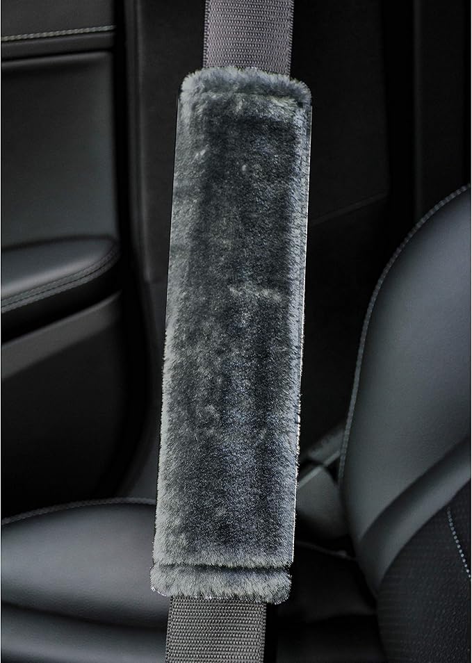 Amooca Soft Faux Fur Universal Fit Seatbelt Cover Car Truck SUV Airplane Seat Belt Shoulder Pad for Carmera Backpack Straps Neck Cushion Protector 2 Pack 10.5in Dark Gray